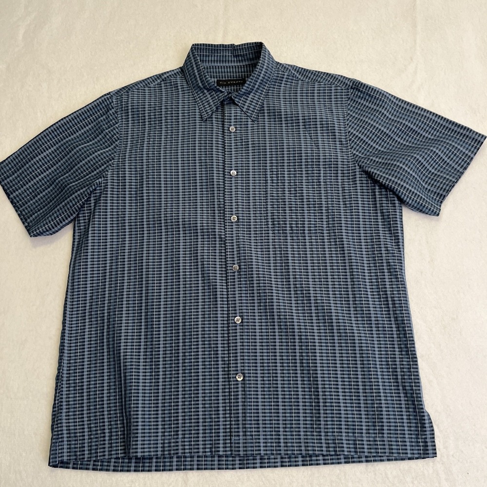 Via Europa Button Up Shirt Men's (L) Blue Short Sleeve Printed Shirt